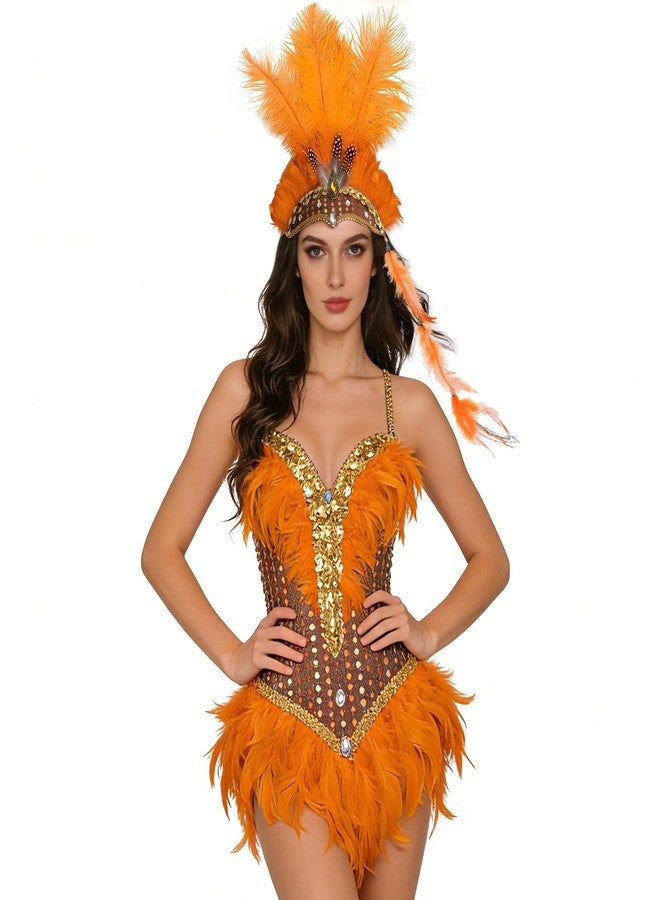 Frstem Showgirl Headpiece Orange 10x10 Inch Headband with 3x14 Inch Feather Hair Accessory Fit for Carnival Stage Performance Dance Party and Festive Events - Image 5